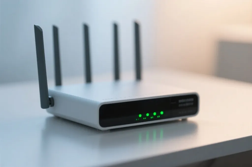 A close-up shot of a sleek, modern internet router with green LED indicator lights blinking on a minimalist desk, soft out-of-focus background, clean technology concept